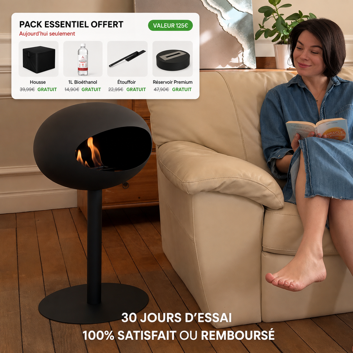 Cheminée Bioéthanol Arden™ - Vraie Flamme Sans Conduit ni Travaux