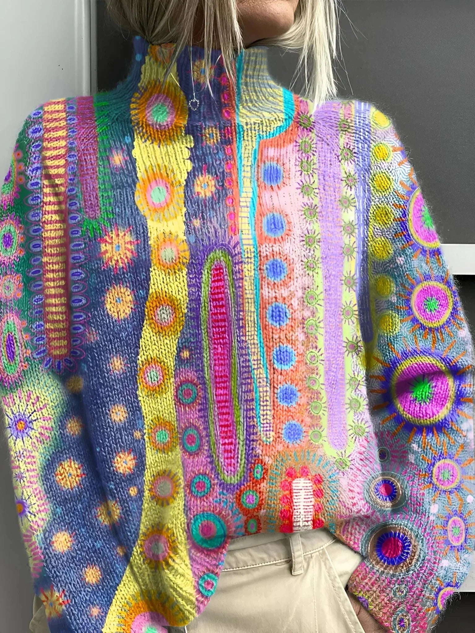 Augusta | Farverig strikket sweater med høj hals til kvinder